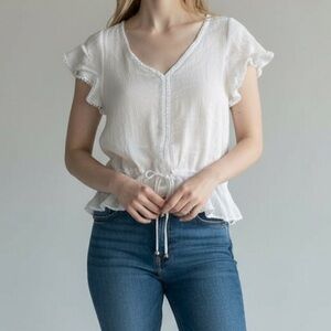 Adrienne Vittadini White Flutter Sleeve Tie Front Blouse